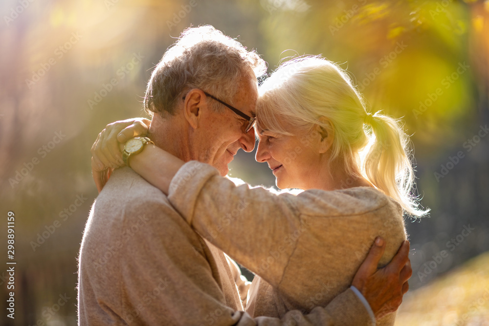 Elderly couple embracing in autumn park  - obrazy, fototapety, plakaty 
