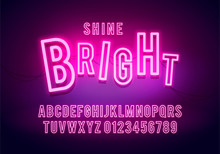 Vector Illustration Retro Neon Font, Colorful Light Alphabet With Numbers. Shine Future Typography.