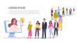 Vector illustration of big queue of people standing towards a customer service.