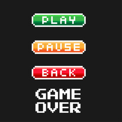 Poster - 8 bit pixel game menu button - play, pause, back. Gaming controller.