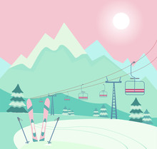 Winter Snowy Landscape With Ski Equipment Skis And Ski Poles, Lift, Trail, Alps, Fir Trees, Sunny Weather, Mountains Panoramic Background. Ski Resort Season Is Open. Winter Web Banner Design.