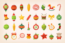 Set Of Colorful Balls, Bells, Sweets, Toys And Other Christmas Ornaments And Decorations. Isolated Vector Icons. 