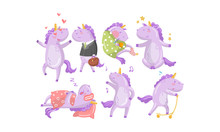 Set Of Cartoon Humanized Lilac Unicorns. Vector Illustration.