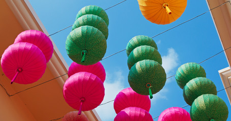 Poster - Colorful chinese style lantern hanging outdoor under clear blue sky for Lunar new year