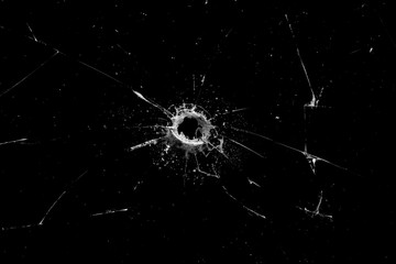 Poster - hole in the glass with cracks isolated on a black background