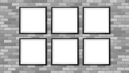 Wall Mural - Frames gallery on brick wall. Empty framing for modern interior. Realistic vector mock up for posters, paintings, drawings, arts or photos.