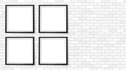 Wall Mural - Frames gallery on brick wall. Empty framing for modern interior. Realistic vector mock up for posters, paintings, drawings, arts or photos.