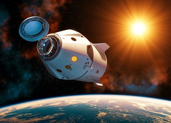 Wall Mural - commercial spacecraft with open docking hatch in the rays of sun
