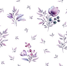 Watercolor Anemone Buds Seamless Pattern. Hand-painted Floral Surface Design With Small Purple Leaves. Magenta Bouquets Isolated On White For Wedding Stationery, Card Printing, Wallpapers