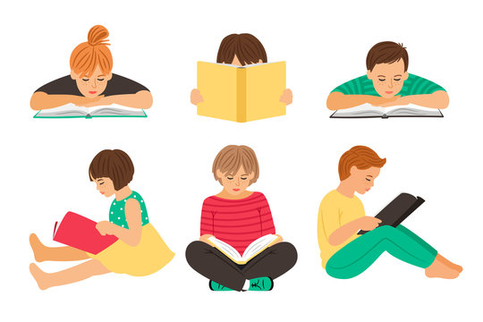 Cartoon reading kids. Teens students with books isolated on white background, pupils or schoolchildren youth read clipart vector illustration