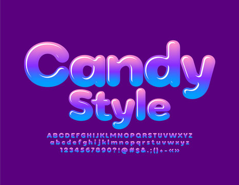 Vector Sweet Candy Gossy Letters, Number and Symbols. Bright colorful Font.