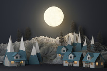 Beautiful Christmas Winter Snowy Landscape Background In Night Theme With Full Moon And Mountains And Low Poly Fir Trees. 3d Rendering