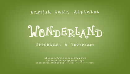 Leinwandbilder - Wonderland, white curly font. Hand drawn vector alphabet. Capital and small letters, numbers, signs. Funny typeface for mystical and cartoon design