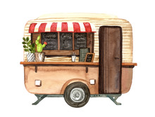 Hand-painted Watercolor Mobile Coffee And Snack Van Illustration Isolated On White Background