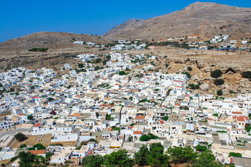 View of the white city of Lindos. The Island Of Rhodes, Greece.