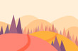 Colorful autumn mountains landscape with pines and hills. Flat vector illustration in orange, pink and purple