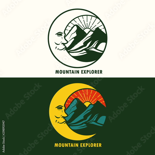 Mountain With Half Moon Retro Logo Adventure Badge Design Sun Logo Design Template With Shine Bright Stock Vector Adobe Stock