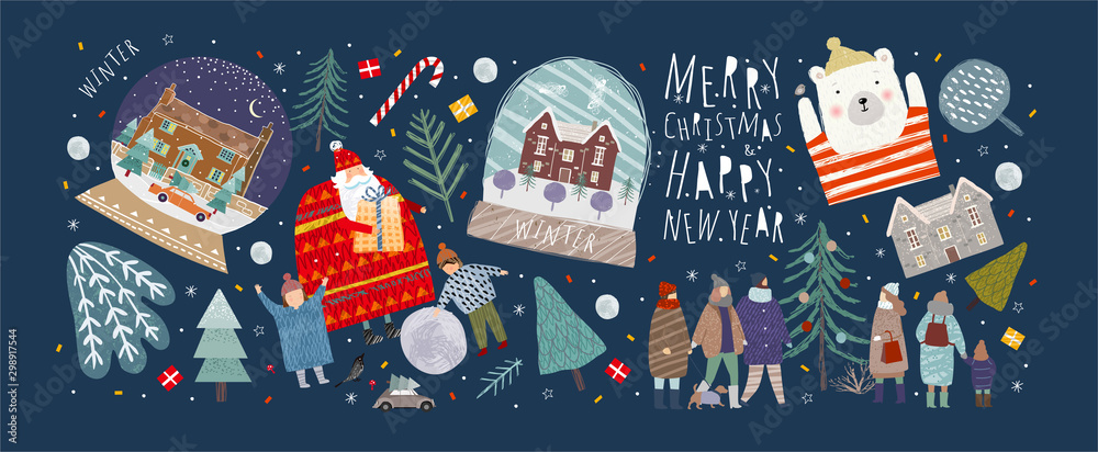 Winter holidays merry christmas and happy new year! Vector illustrations and objects of nature, landscape, houses, people, and trees; drawing santa claus and happy children and family in the forest.  - obrazy, fototapety, plakaty 