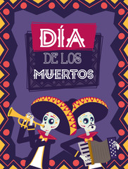 Poster - dia de los muertos card with mariachis skulls playing trumpet and accordion