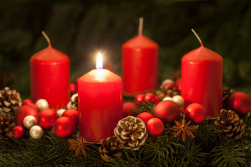 Advent wreath with candles on the first Sunday in Advent