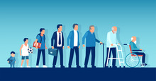 Vector Of A Growing Up Baby Becoming Adolescent, Mature Man And Elderly Disabled Guy Through Age Evolution Stages