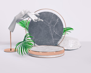 Aufkleber - Podium concept product display background, gold white and marble stone round pedestal or platform and hand sculpture. blank space, 3d rendering.