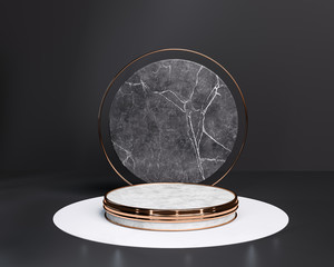 Aufkleber - Podium concept product display black background, isolated gold white and marble stone round pedestal or platform, 3d rendering.