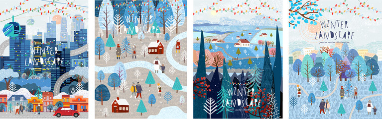 Wall Mural - Winter nature, village, country, city landscapes. Vector illustration of natural, urban and rustic background for poster, banner, card, brochure or cover.