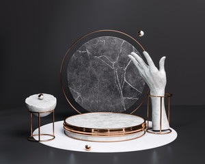 Aufkleber - Podium concept product display black background, gold white and marble stone round pedestal or platform and abstract sculpture elements, 3d rendering.