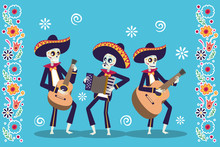 Dia De Los Muertos Card With Mariachis Skulls Playing Instruments