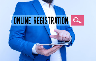 Poster - Text sign showing Online Registration. Business photo text System for subscribing or registering via the Internet Businessman with pointing finger in front of him