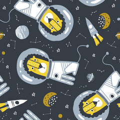 Childish seamless pattern with lion astronaut illustration. Creative vector childish background for fabric, textile, nursery wallpaper. Vector Illustration.