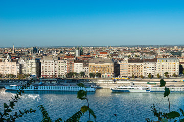 Budapest, Hungary - October 01, 2019: Panoramic cityscape view of hungarian capital city of Budapest from the Gellert Hill.