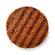 Plant based grilled burger patty with grill marks isolated on white. Top view.