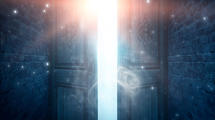 open doors, brick old walls. sunlight, open entrance, magic background. night scene, rays, smoke.