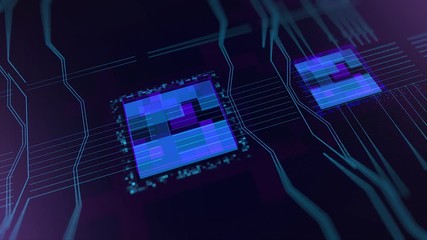 Poster - blue technological background, circuit board and code on dark blue background. animation. abstract m