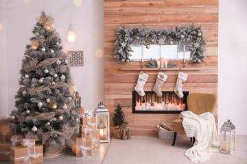 Sticker - Festive interior with decorated Christmas tree and fireplace