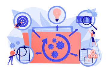 Wall Mural - KPI and task management. Workflow optimization. Project life cycle, successful project management, stages of project completion concept. Pink coral blue vector isolated illustration