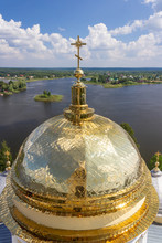 The Golden Dome Of The Orthodox Cathedral. View Of Lake Seliger. Russia. Orthodoxy.