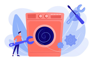 Sticker - Service repairman with big wrench repairing washing machine. Repair of household appliances, smart TV service, household master services concept. Pinkish coral bluevector isolated illustration