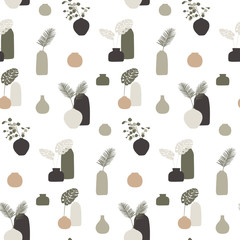 Wall Mural - Seamless pattern with vases and leaves. Concept minimalist drawing. Vector design template for interior textile, covers, wrapping paper.