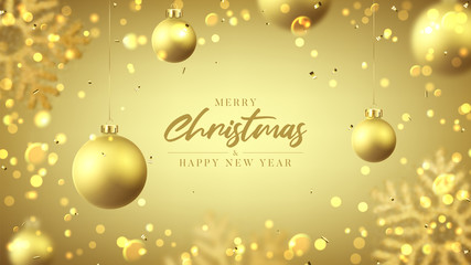 Wall Mural - Merry Christmas holiday card with golden balls. Vector illustration with realistic balls, snowflakes, confetti and bokeh with blur effect on golden background.