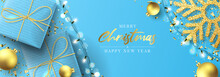 Christmas And New Year Festive Banner. Holiday Background With Realistic Blue Gift Boxes, Gold Snowflake And Sparkling Light Garlands. Vector Illustration With Christmas Balls And Golden Confetti.