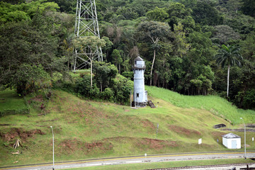 Landscape of the Panama Canal, view from the transiting cargo ship.