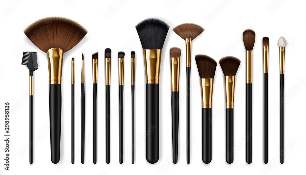 Makeup brushes, eyebrow comb. Make-up artist kit - obrazy, fototapety, plakaty 