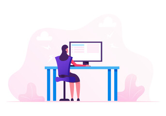 Wall Mural - Business Woman Working on Personal Computer at Home or at Office Workplace, Hardwork Female Character Freelancer