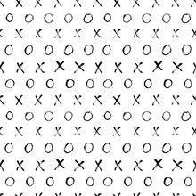 Black And White Xo Letters Vector Seamless Pattern. Crosses And Circles Freehand Charcoal Drawings Texture.