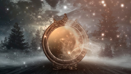 Wall Mural - dark forest, magic mirror. night view, smoke, smog, neon light, moon. dark fantasy mystical landscap