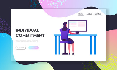Poster - Business Woman Working on Computer at Home or Office Workplace Website Landing Page. Hardwork Freelancer