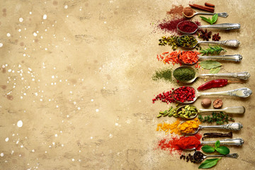 Wall Mural - Assortment of natural spices on a vintage spoons. Top view with copy space.